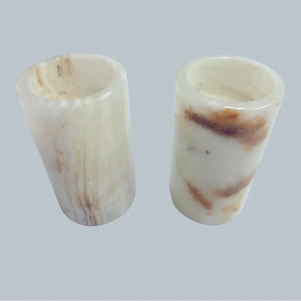 Vintage Natural Onyx Alabaster Stone Tea Light Candle Holders Pair